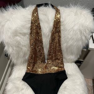Sequin Gold and black halter bodysuit